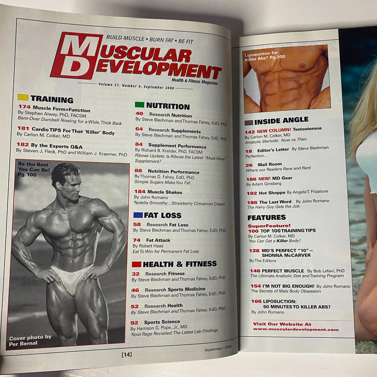Inside page of Muscular Development Magazine September 2000 detailing various sections on training, nutrition, and fitness insights with Mike O'Hearn's feature.