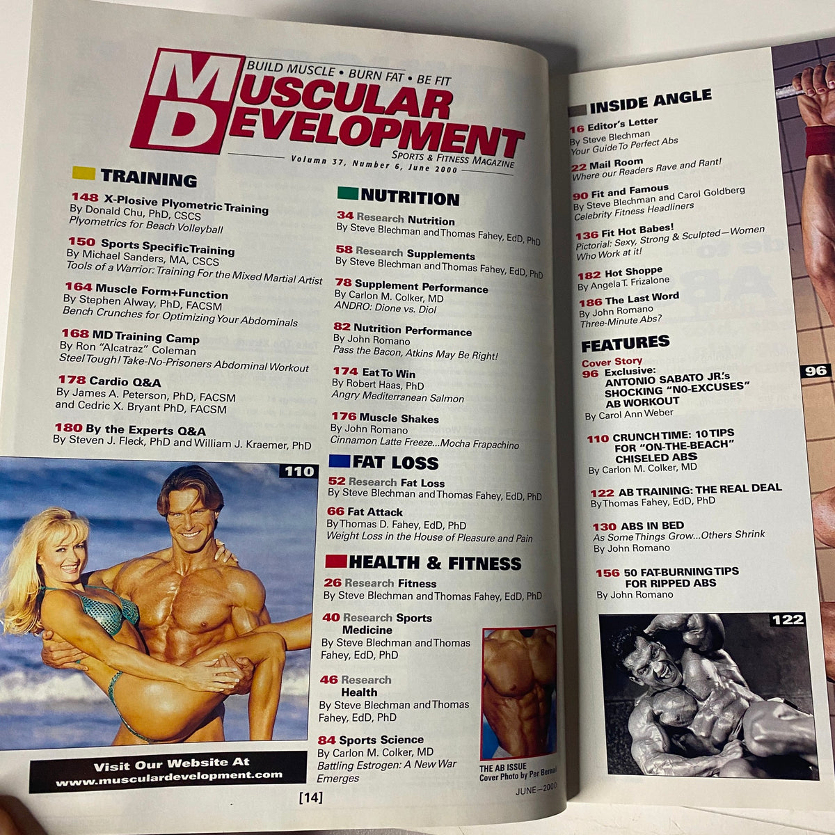 Inside spread of Muscular Development Magazine June 2000 displaying the table of contents, highlighting training, nutrition, and fitness features.