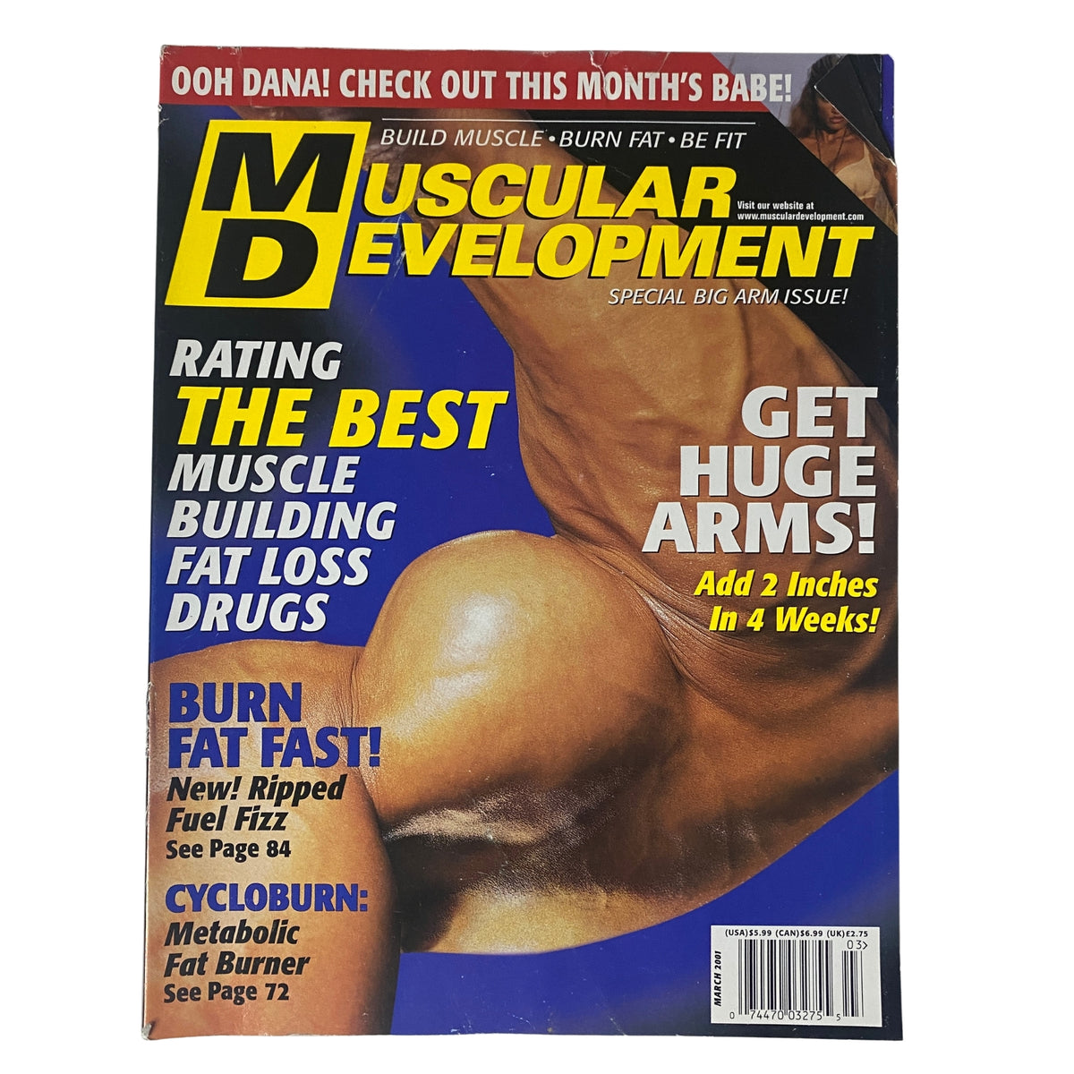 Cover of Muscular Development Magazine March 2001 titled 'Big Guns', featuring an image focused on arm muscles and ads for bodybuilding supplements.