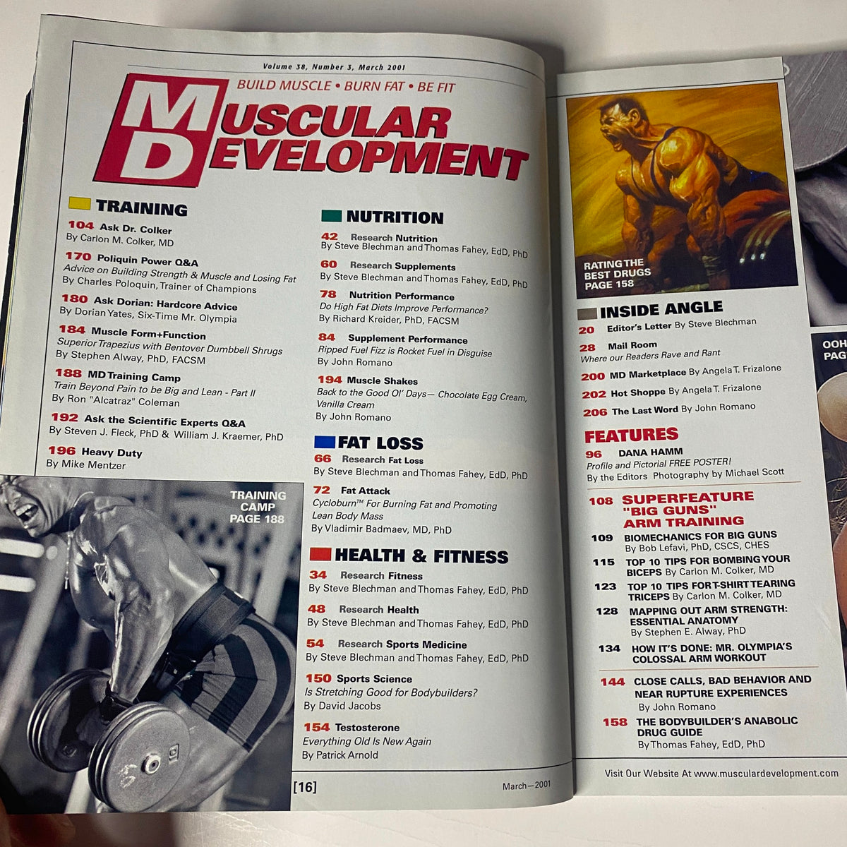 Inside contents page of Muscular Development Magazine March 2001, listing sections on training, nutrition, fat loss, and health tips.