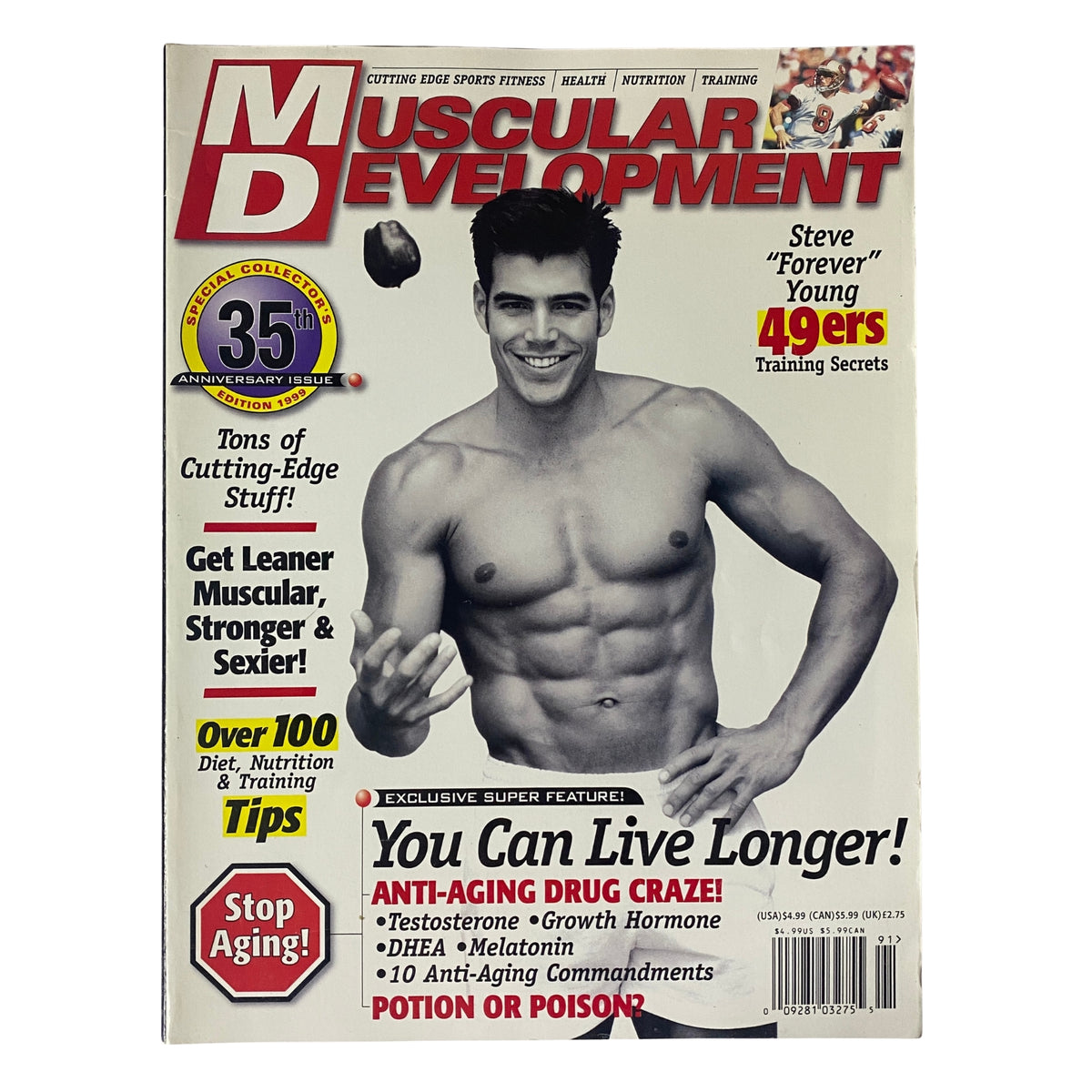 Cover of Muscular Development Magazine January 1999 featuring Ryan Anderson. Celebrating the 35th anniversary of the publication, the cover highlights fitness secrets and features like ‘You Can Live Longer!’.