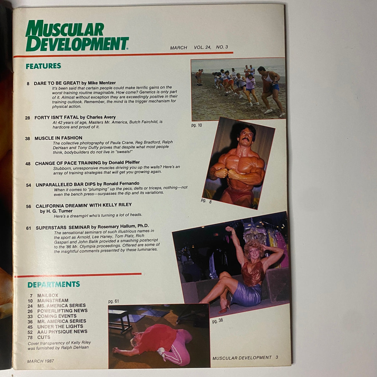 Interior page of Muscular Development Magazine March 1987 detailing features such as 'Dare to Be Great!' by Mike Mentzer and other articles relevant to bodybuilding.