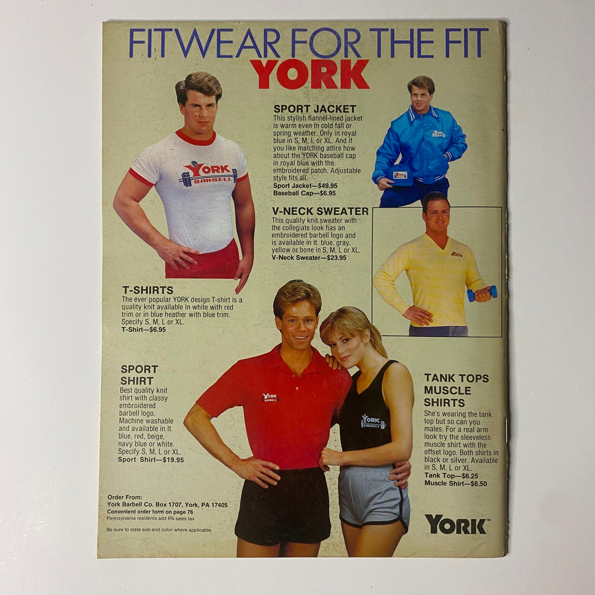 Advertisement page in Muscular Development Magazine March 1987 promoting fitwear options by York, along with athletic clothing for fitness enthusiasts.