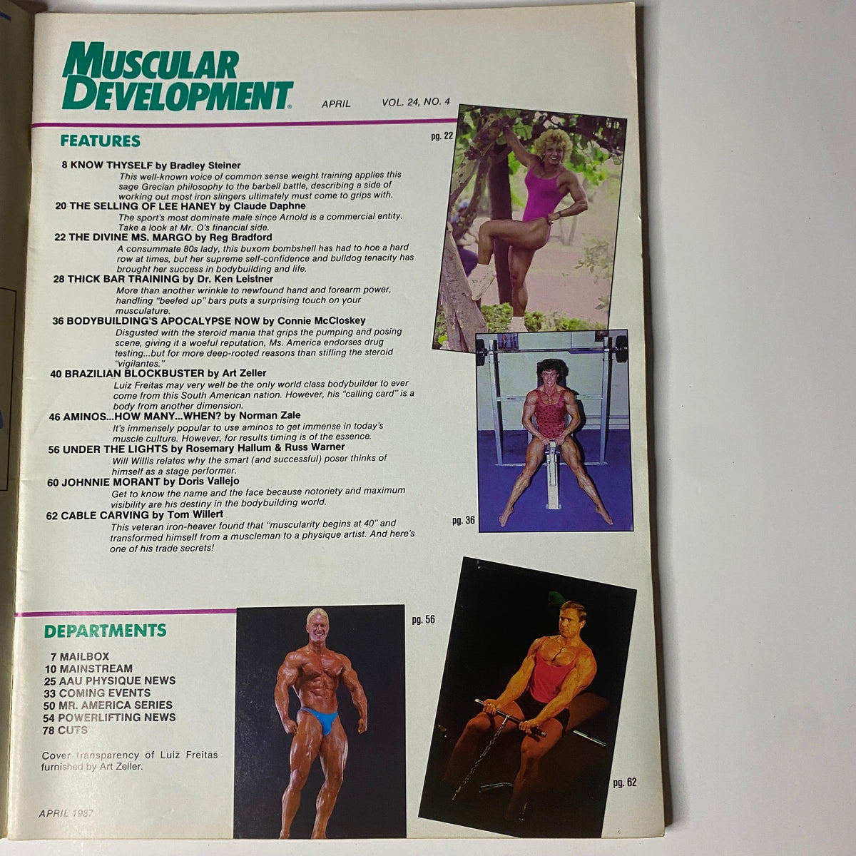 Contents page of Muscular Development Magazine April 1987 showcasing various featured articles including workouts, profiles, and training techniques related to bodybuilding.