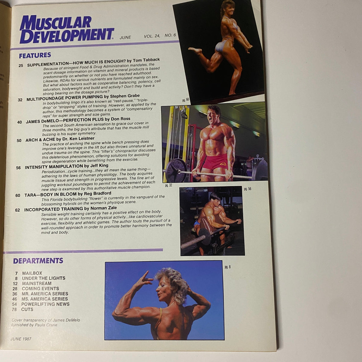 Cover page of Muscular Development Magazine June 1987 featuring James DeMelo, showcasing articles on bodybuilding techniques and training philosophies.