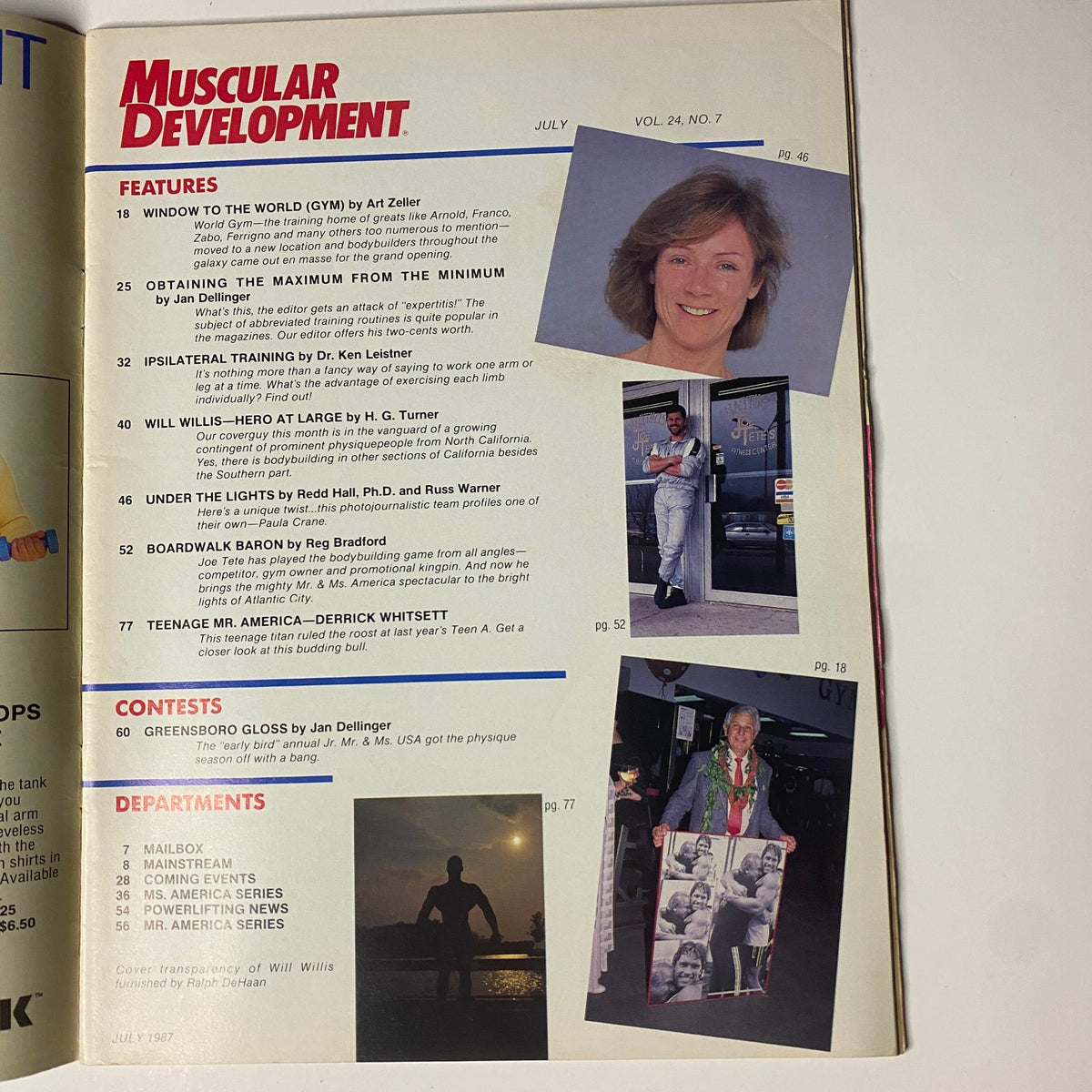 Contents page of Muscular Development Magazine, July 1987, Volume 24, Number 7, featuring feature articles and sections including Will Willis, Ipsilateral Training, and Teenage Mr. America.