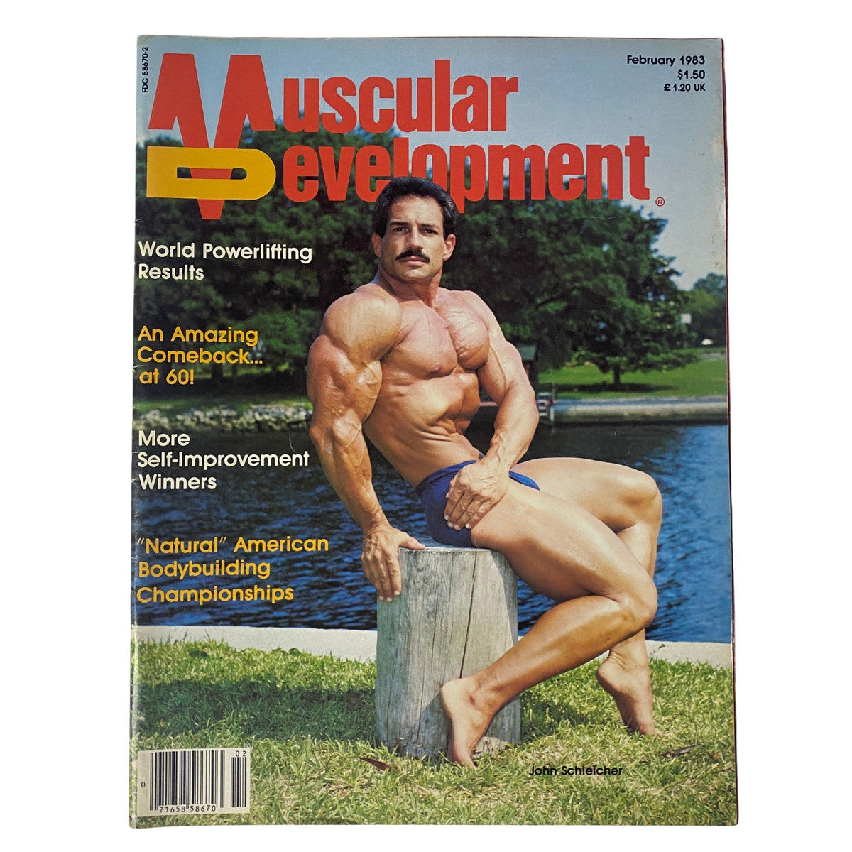 Muscular Development Magazine February 1983 cover featuring bodybuilder John Schleicher showcasing muscle definition by a lake. This issue includes content on bodybuilding, powerlifting, and nutrition.