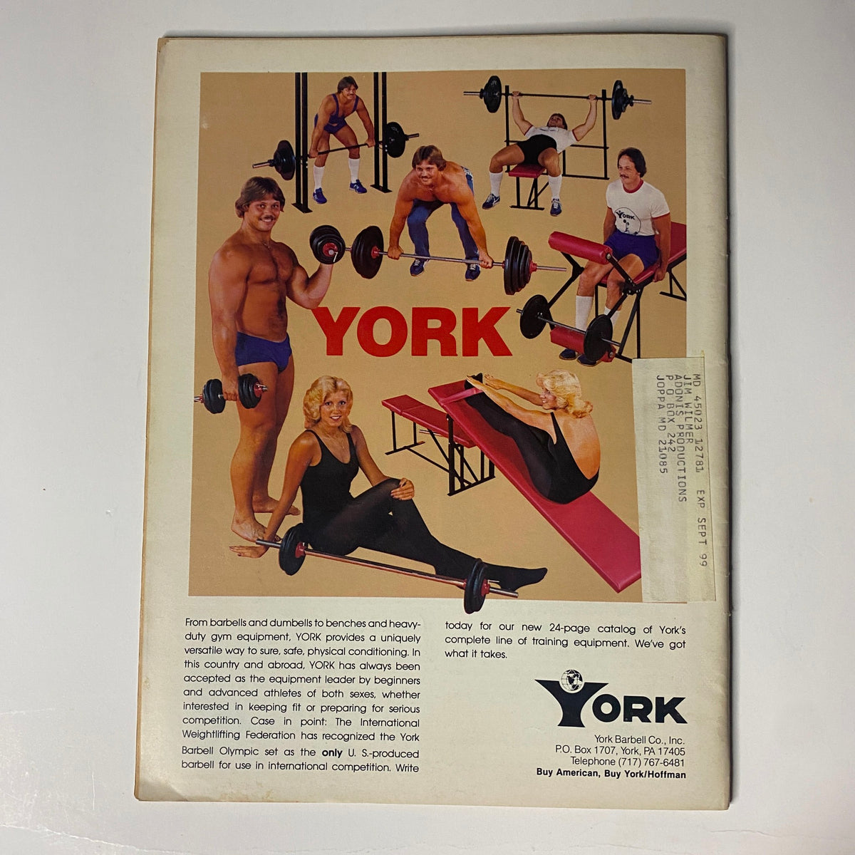 Muscular Development Magazine February 1983 back cover showing a York Barbell advertisement with various strength training equipment and models engaged in workouts, promoting fitness and bodybuilding.