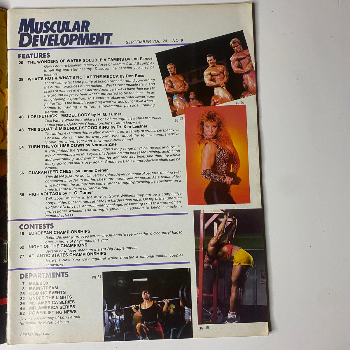 Inside page of Muscular Development Magazine September 1987 listing articles such as 'Lori Fetrick: Model Body' and 'The Squat: The Misunderstood King' with photos of bodybuilders.