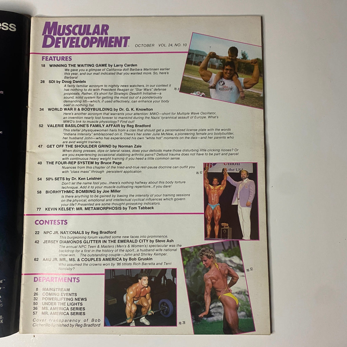 Inside spread of Muscular Development Magazine October 1987 listing features including 'Winning the Waiting Game', 'Valerie Basilone’s Family Affair', and articles on bodybuilding techniques.