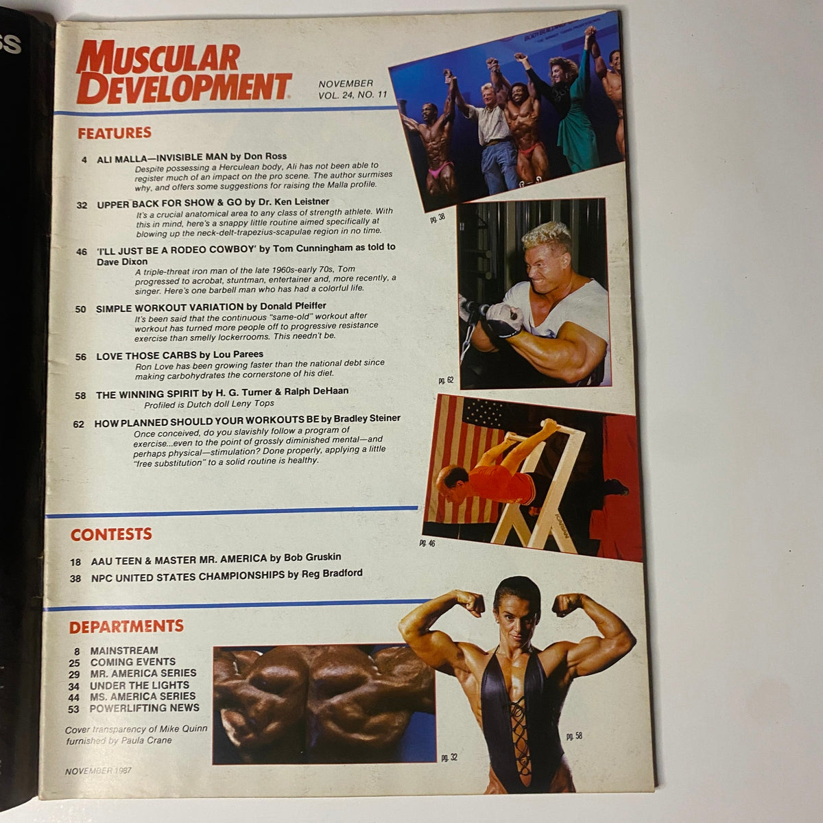Interior page of Muscular Development Magazine, November 1987, showcasing articles and features including 'Invisible Man' by Don Ross and workout strategies from various contributors. Ideal for readers interested in fitness and bodybuilding.