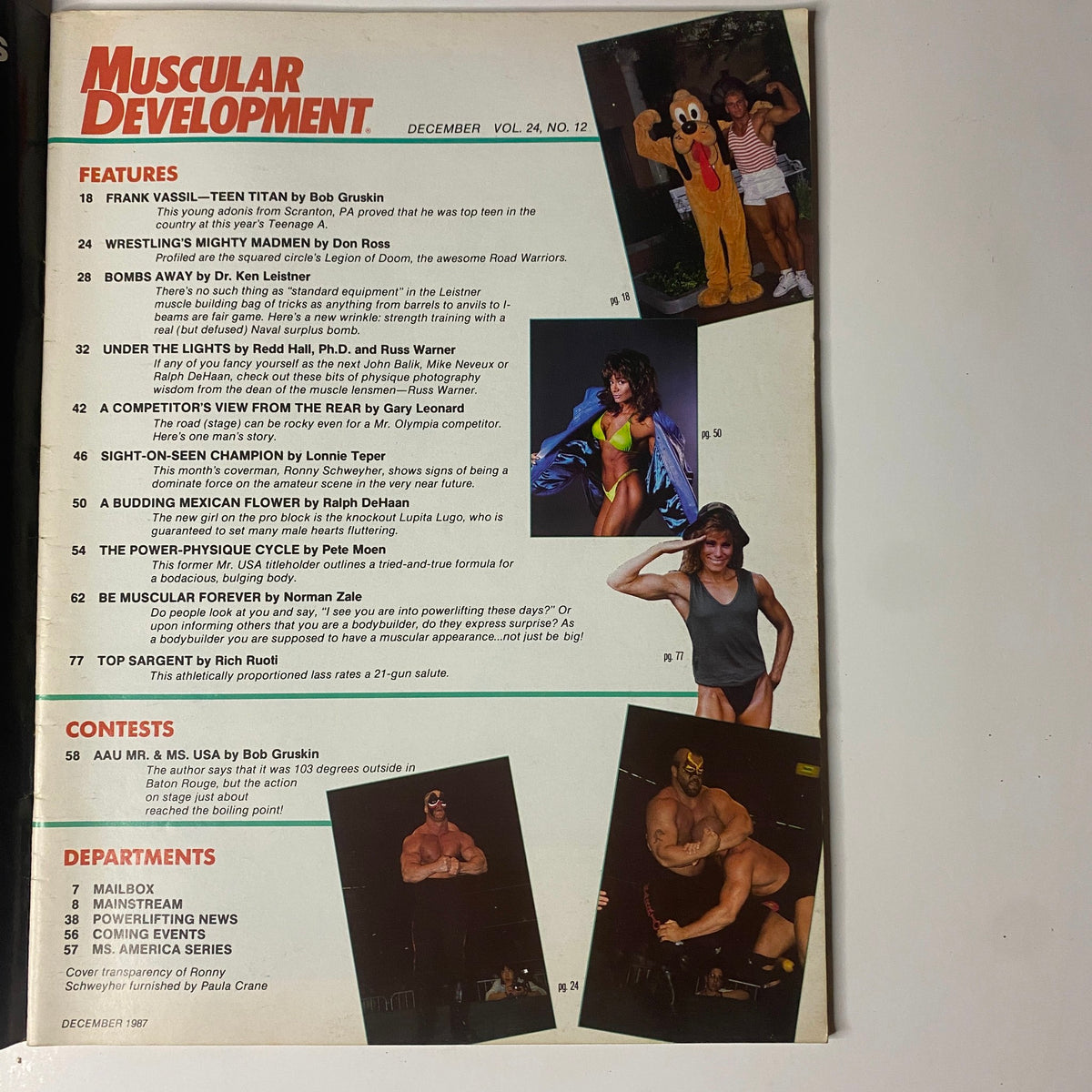 Inside page of Muscular Development Magazine December 1987 displaying features, including articles like 'Frank Vassil: Teen Titan' and 'A Budding Mexican Flower'. It highlights notable bodybuilders and wrestling stars from the era.