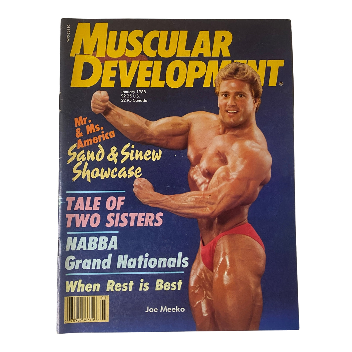 Muscular Development Magazine January 1988 featuring Joe Meeko on the cover, showcasing bodybuilding insights and articles in very good condition.
