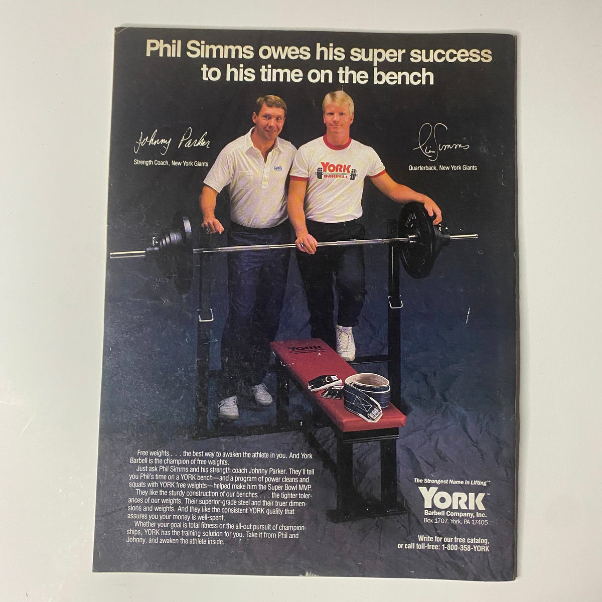 Muscular Development Magazine January 1988 advertisement featuring Phil Simms discussing fitness success with York Strength Coaches, showcasing the magazine's focus on bodybuilding and strength training.