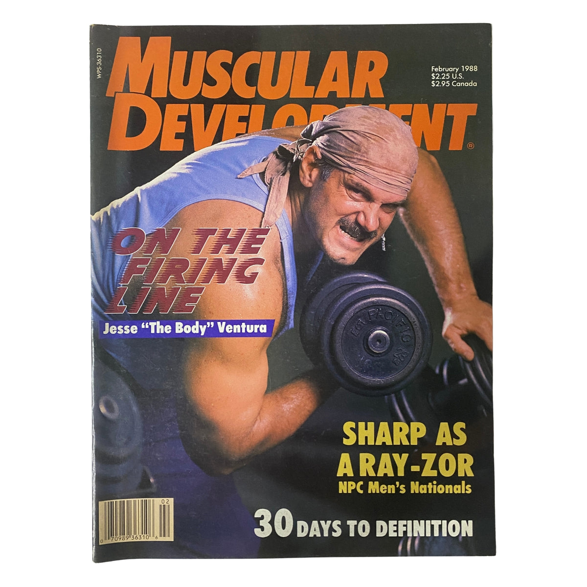 Muscular Development Magazine February 1988 featuring Jesse 'The Body' Ventura on the cover, showcasing a fitness theme with weightlifting equipment, emphasizing bodybuilding culture.