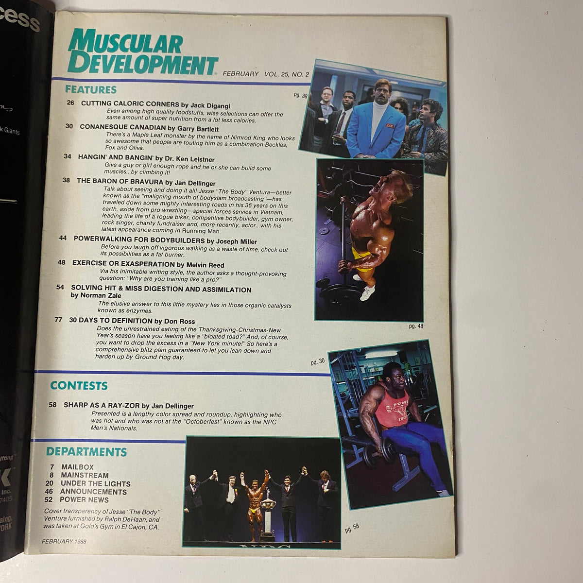 Inside page of Muscular Development Magazine February 1988 highlighting features, articles, and fitness contests including photos of athletes and fitness insights.