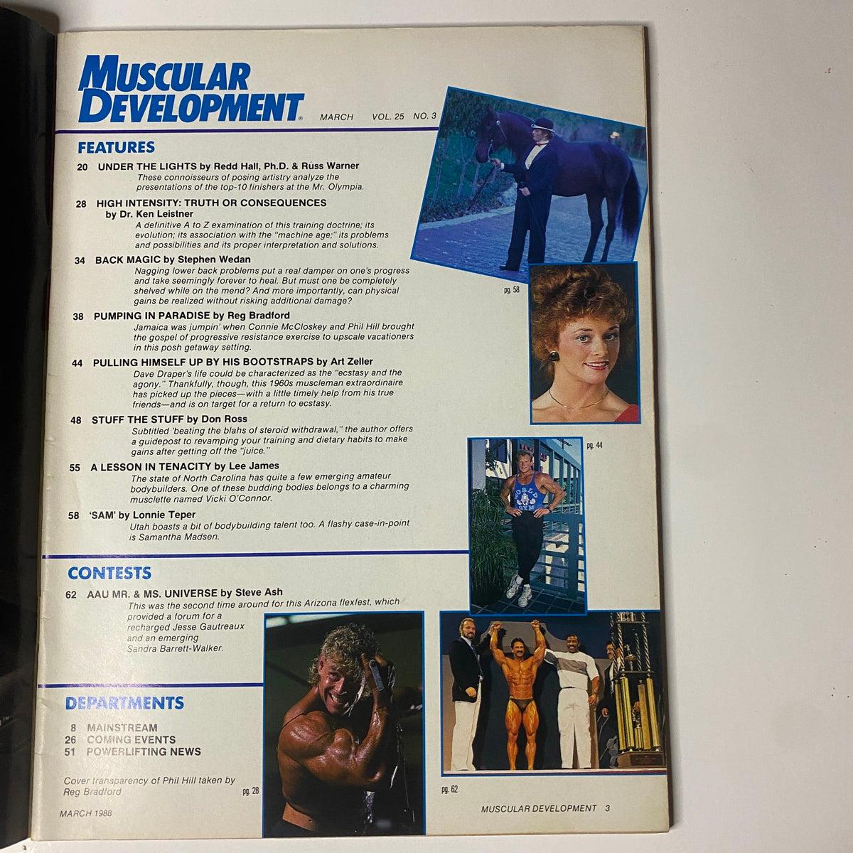 Interior page of Muscular Development Magazine March 1988 showcasing articles and features including 'Under the Lights', 'Pumping in Paradise', and 'Stuff the Stuff'. The layout includes imagery related to bodybuilding competitions and profiles.