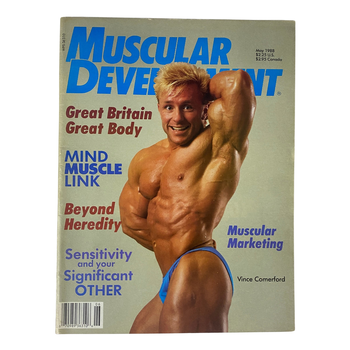Muscular Development Magazine May 1988 cover featuring Vince Comerford, highlighting articles on bodybuilding topics like muscle performance and marketing your physique.