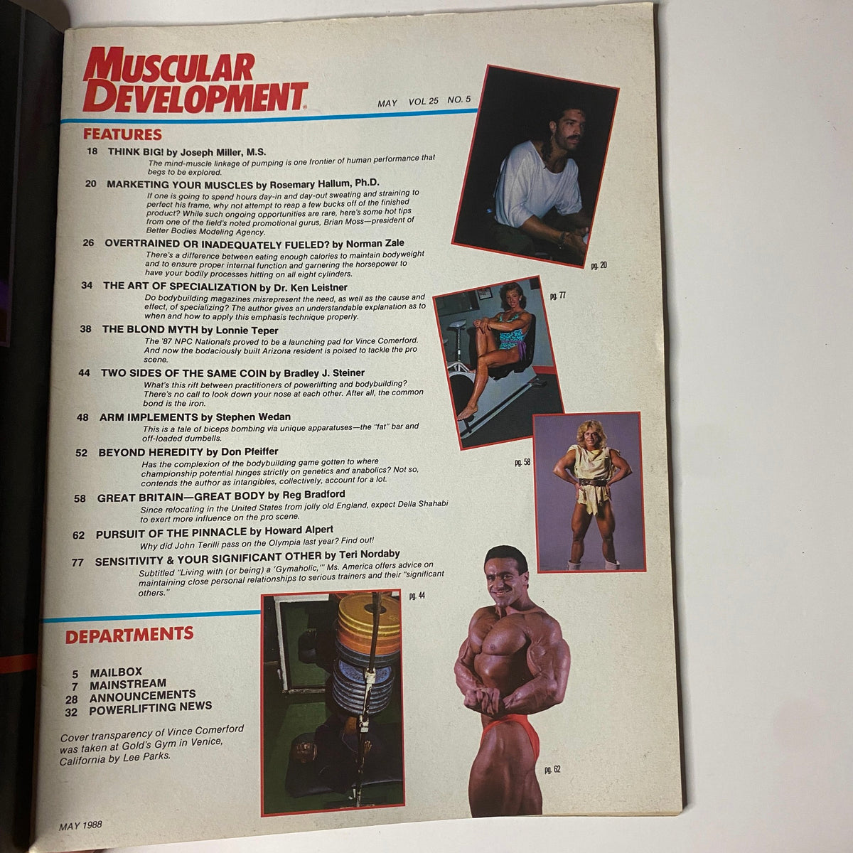 Interior page of Muscular Development Magazine May 1988, showcasing features including articles on training, nutrition, and bodybuilding insights.