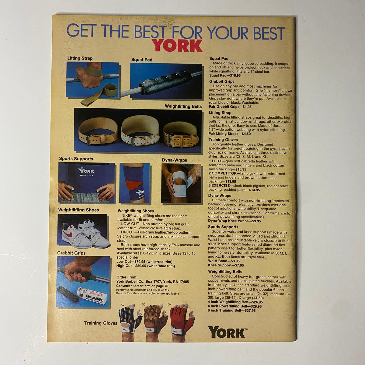 Promotional advertisement from Muscular Development Magazine June 1988 for York weightlifting equipment, showcasing various gym accessories.