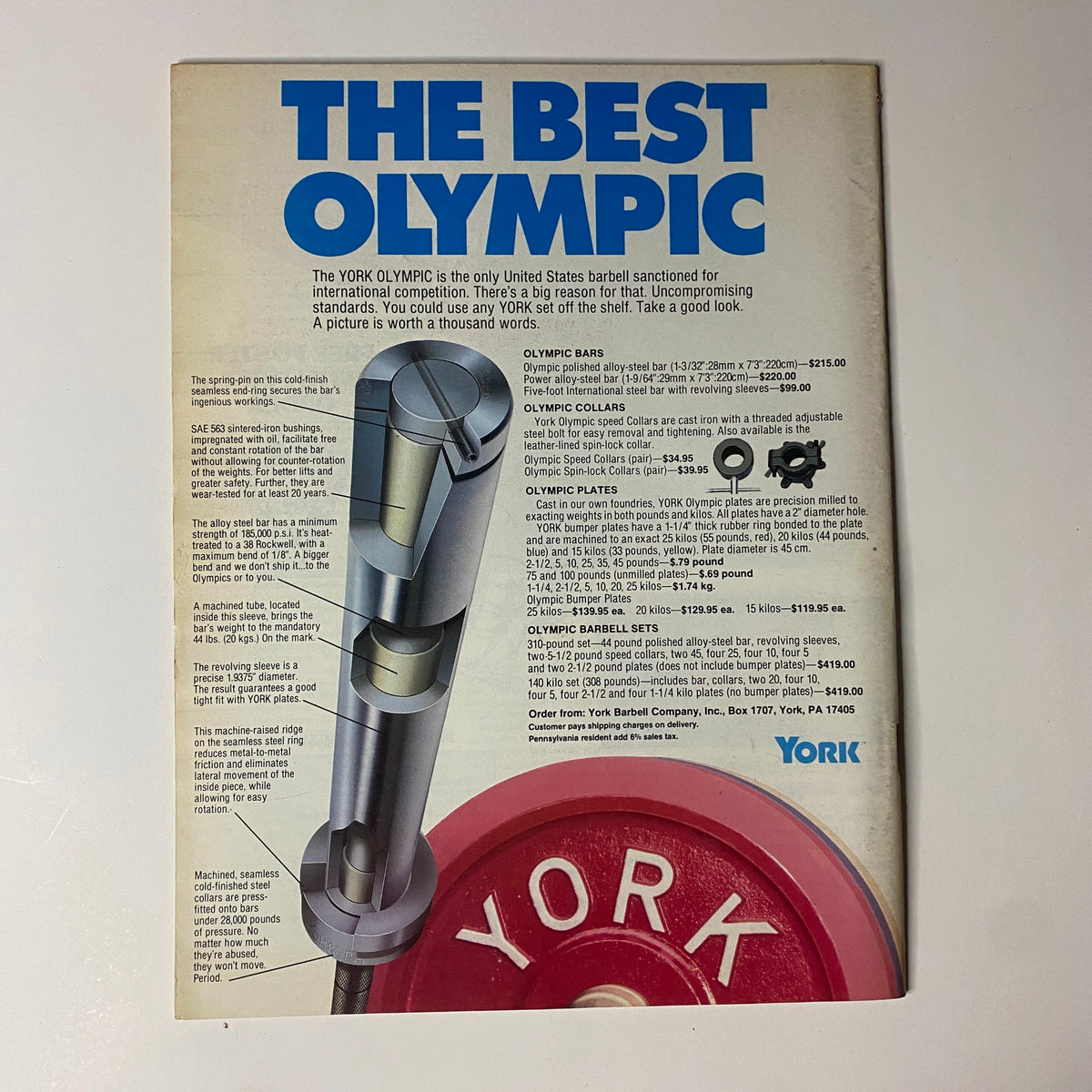 Back cover of Muscular Development Magazine July 1988, advertising York Olympic weightlifting equipment, emphasizing its elite standing in bodybuilding.