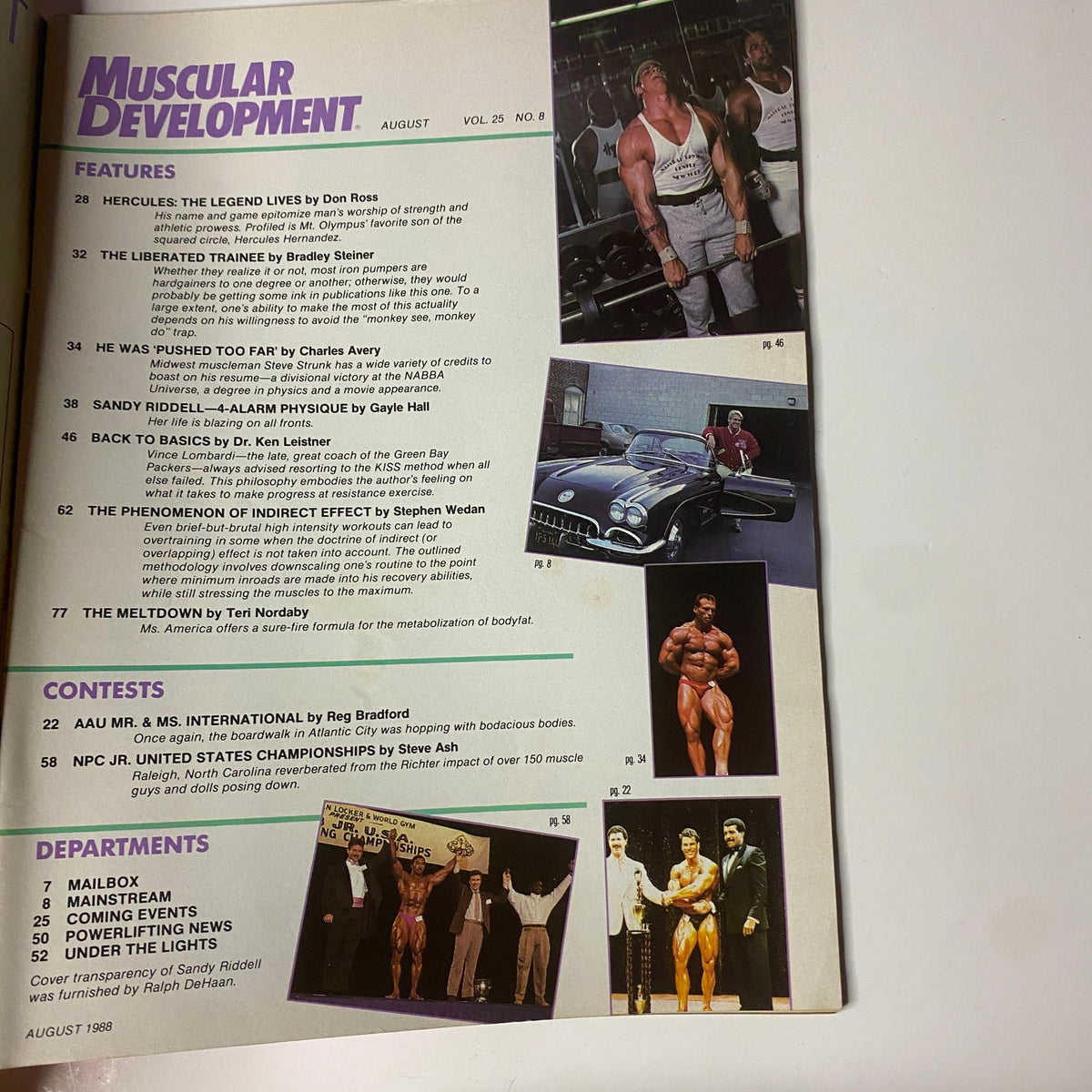 Cover page of Muscular Development Magazine August 1988 featuring various bodybuilding articles, including Sandy Riddell, Hercules, and Teri Nordbay. This issue highlights key features and contests, representing a collectible piece of vintage fitness culture.