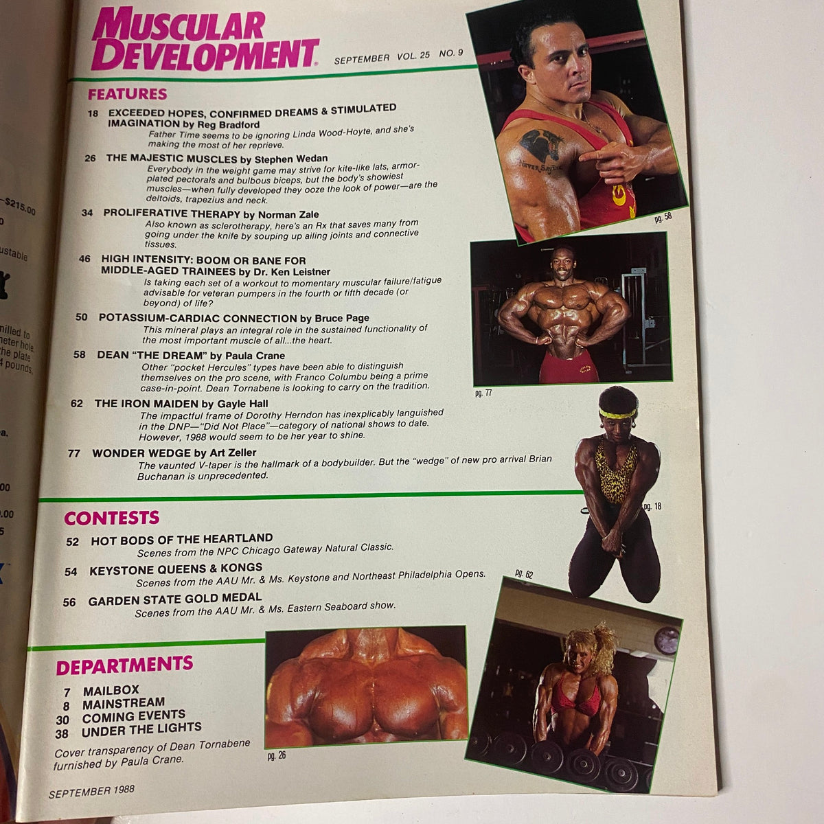 Inside page of Muscular Development Magazine September 1988 showcasing features such as Exceeded Hopes, Confirmed Dreams, and High Intensity Training for Middle-Aged Trainees, with images of bodybuilders.