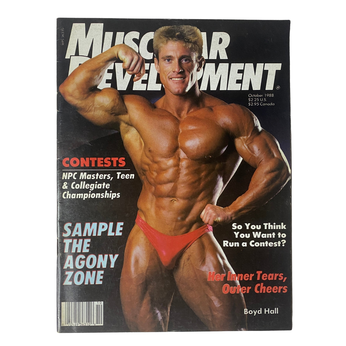 Cover of Muscular Development Magazine, October 1988 featuring Boyd Hall, showcasing a muscular male bodybuilder in posing trunks, promoting contests and topics related to bodybuilding.