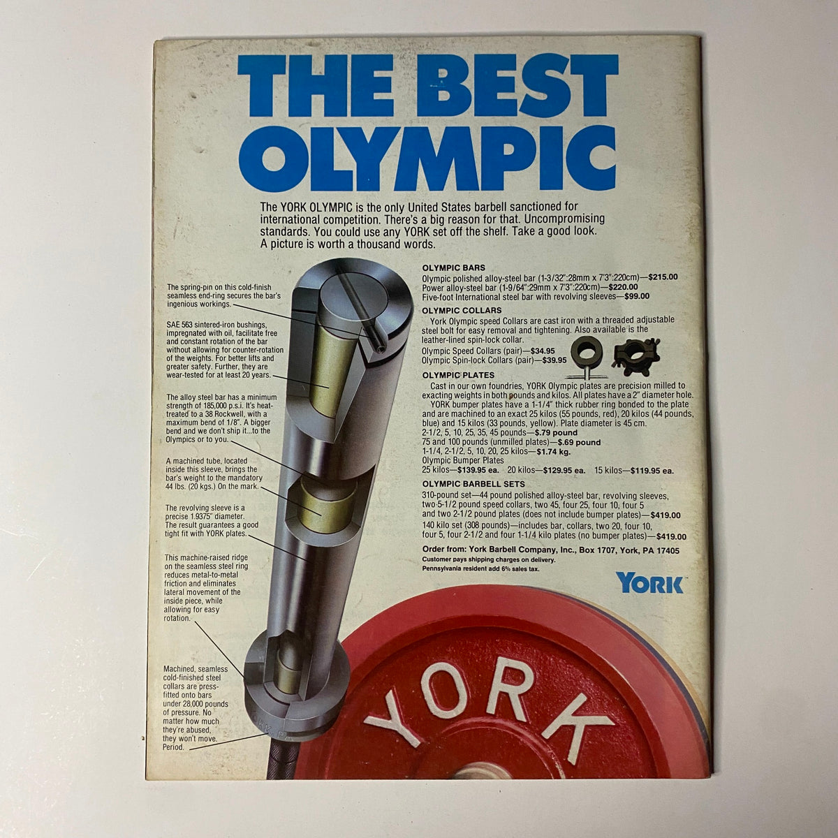 Back cover of Muscular Development Magazine, October 1988, advertising the best Olympic weightlifting equipment from York, highlighting top products for strength training.