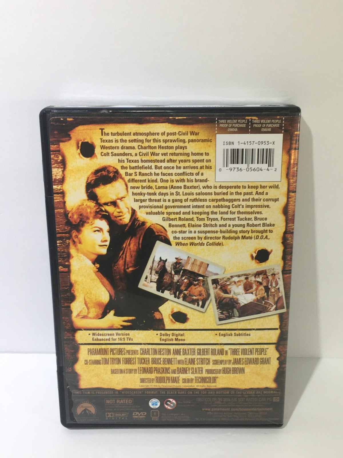 Back cover of the Three Violent People 2005 DVD case with synopsis, images from the film, and Paramount Pictures branding.