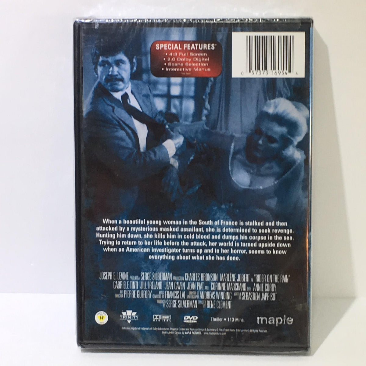 Back cover of the 'Rider on the Train Charles Bronson' DVD showcasing special features and a brief synopsis of the movie.