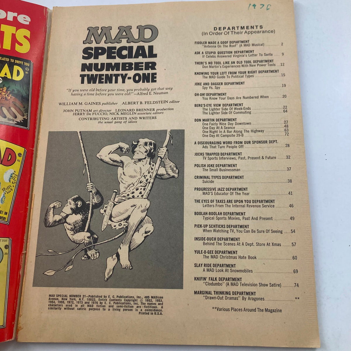Inside page of Mad Super Special Magazine 1976 No. 21 displaying the table of contents with sections and humorous artwork, showcasing the magazine's vintage charm.