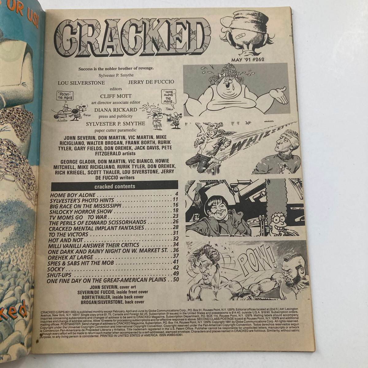 Interior page of Cracked Magazine May 1991 No. 262 featuring the table of contents and humorous illustrations related to popular culture, showcasing characters and comedic elements from the era.