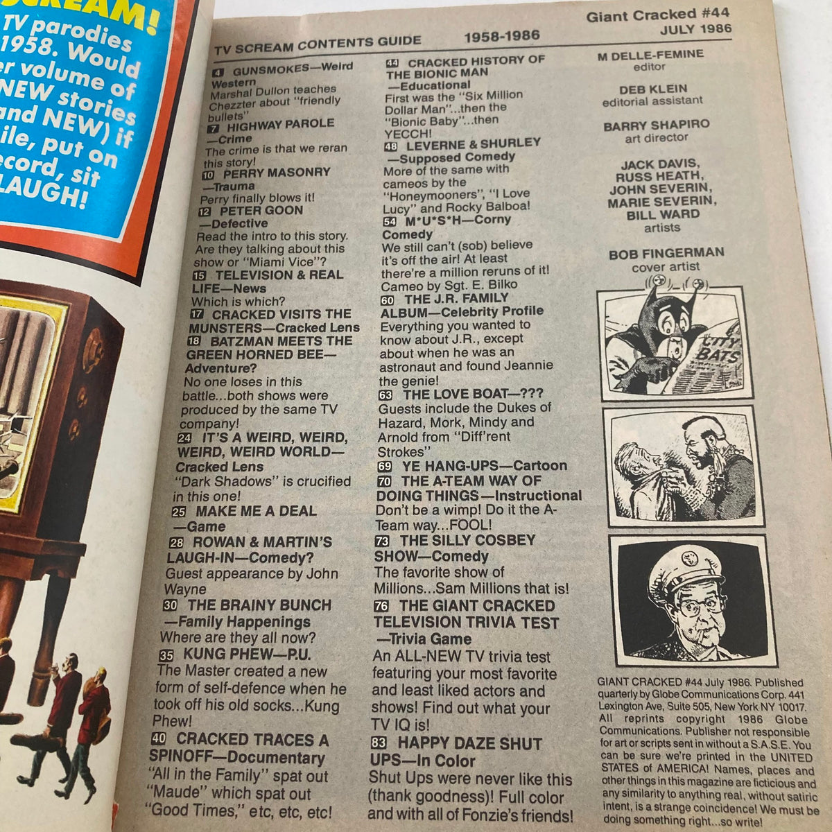Contents page of Giant Cracked Magazine July 1986 No. 44, detailing articles and features including sections about popular television shows and comedy.