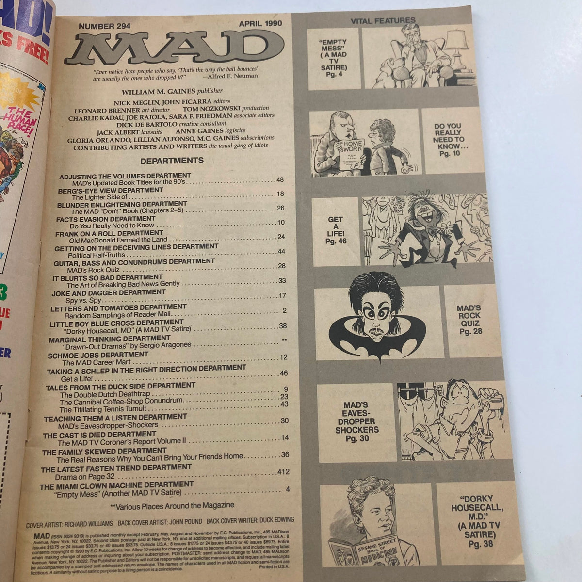 Inside page of Mad Magazine April 1990, No. 294 showcasing the table of contents, detailing features including 'Empty Mess' and 'Get a Life!', highlighting the magazine's comedic content.