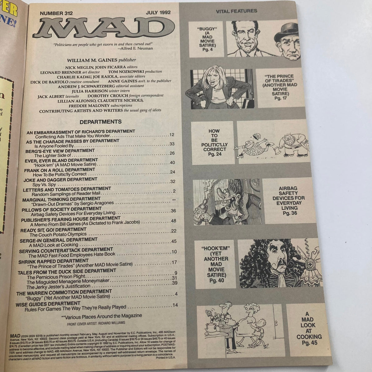 Inside page of Mad Magazine July 1992 No. 312, showcasing the table of contents including features like 'Buggy' and editorial highlights, reflecting the magazine's humor and satire.