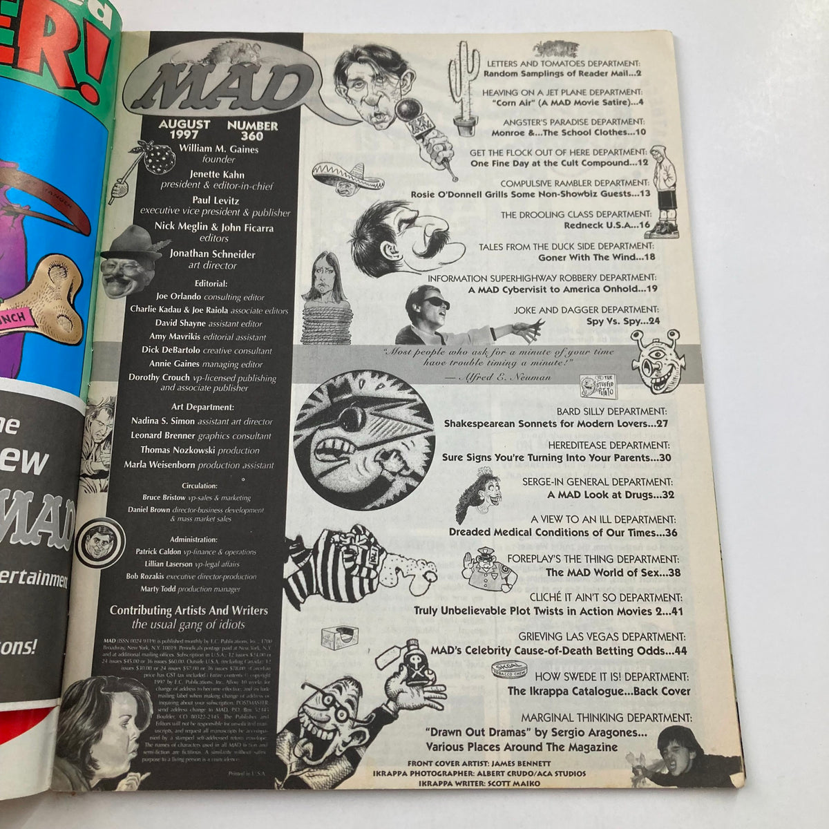 Inside page of Mad Magazine August 1997 No. 360 displaying the table of contents with various humorous articles and illustrations, reflecting the magazine's unique comedic approach.