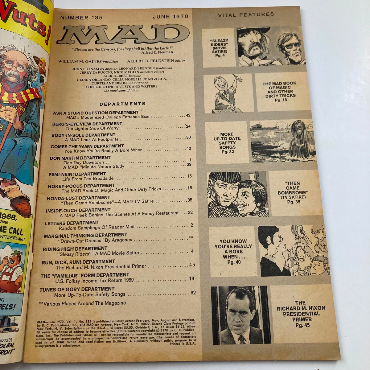Interior page of Mad Magazine June 1970 No. 135 showcasing the contents list, including hilarious department titles and features, reflecting the magazine's unique humor and cultural commentary.