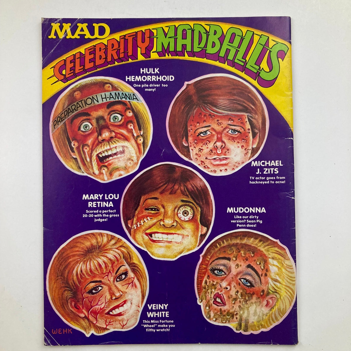 Mad Magazine March 1987 No. 269 cover featuring 'Celebrity Madballs' with humorous caricatures of celebrities such as Hulk Hemorrhoid, Mary Lou Retina, Michael J. Zits, Mudonna, and Veiny White.