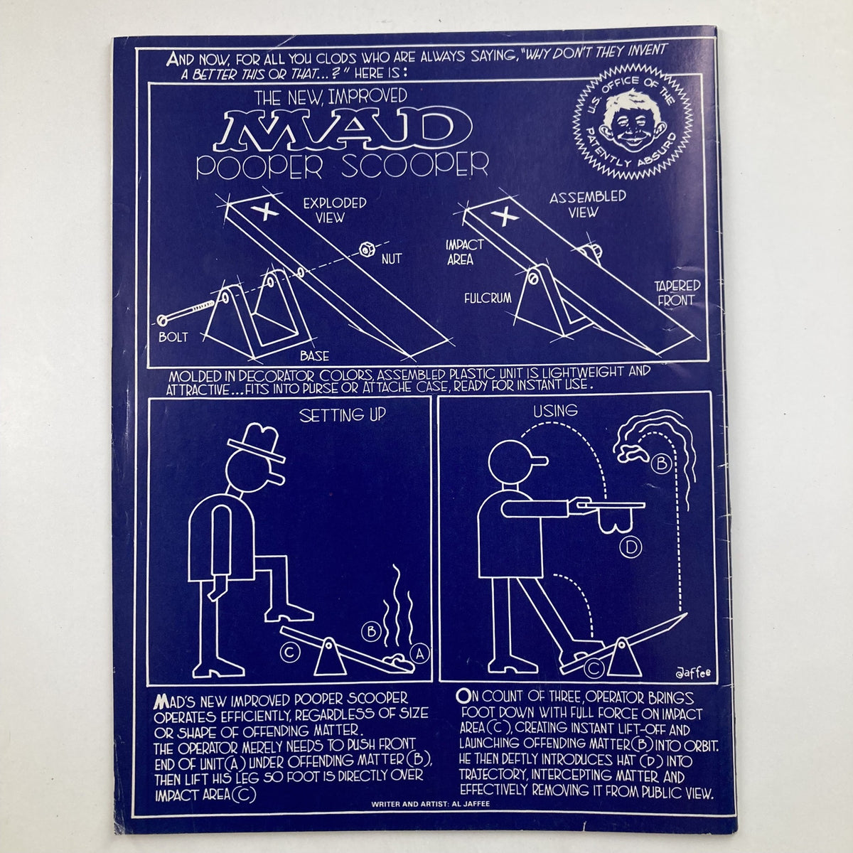 Back cover of Mad Magazine March 1986 No. 261 featuring an advertisement for the 'Mad Pooper Scooper' with humorous illustrations, exemplifying the magazine's signature satire.
