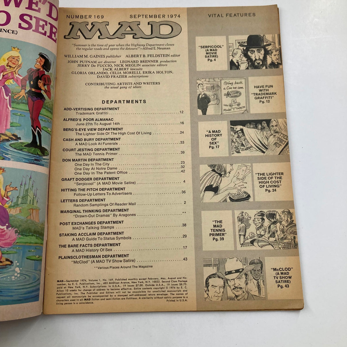 Interior page of Mad Magazine September 1974 No. 169 featuring the table of contents and vital features of the issue, showcasing the title and sections like 'Serpicool' movie satire.