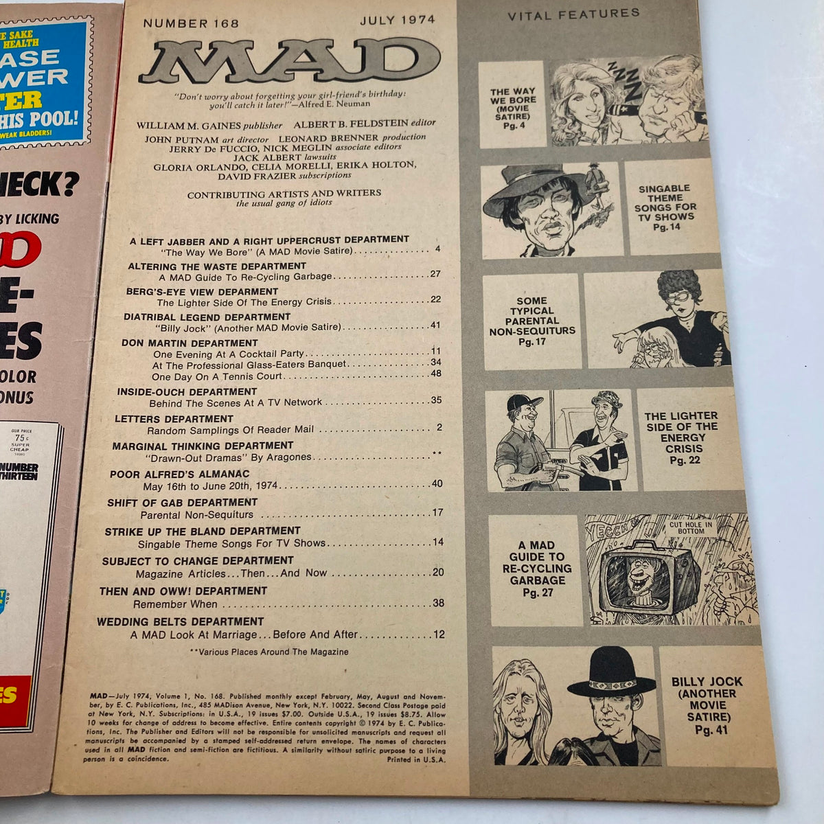 Inside page of Mad Magazine July 1974 No. 168 featuring the Table of Contents and various departments such as 'Alterting the Style Department' and 'Diatribal Legend'. This vintage magazine showcases witty satire and humor in its content.