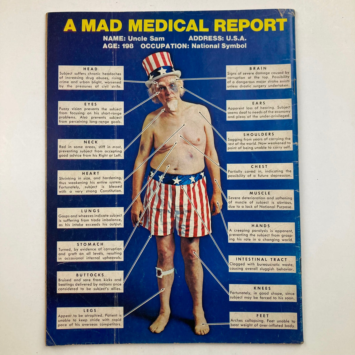 Cover of Mad Magazine July 1974 No. 168 titled 'A Mad Medical Report' featuring a humorous illustration of Uncle Sam with labeled ailments. This classic piece reflects the magazine's unique blend of satire and social commentary.