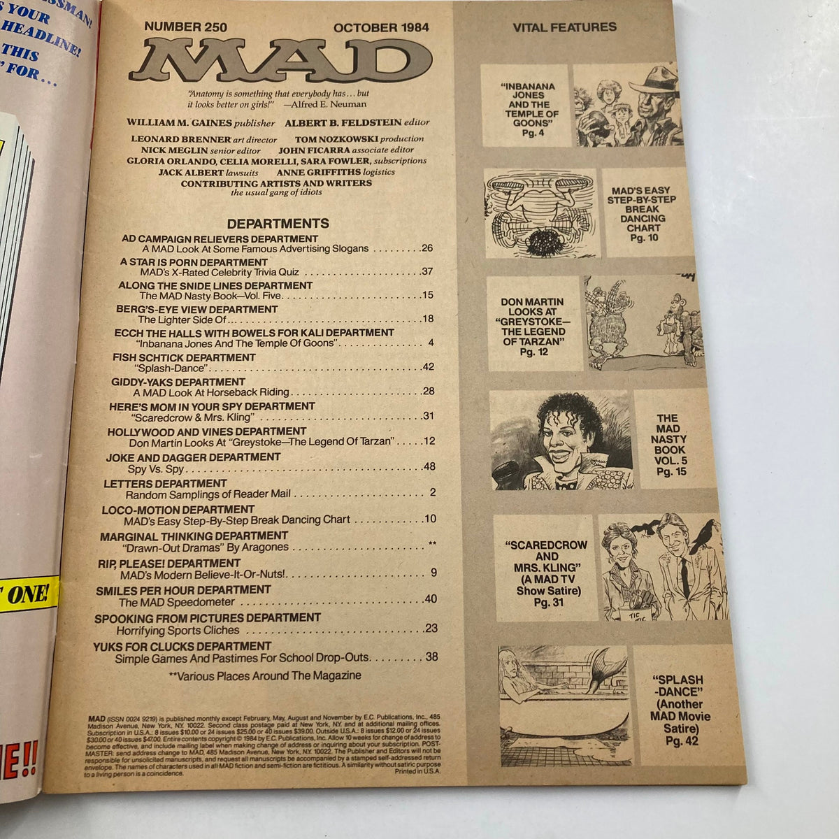 Table of contents page from Mad Magazine October 1984 No. 250 featuring various departments and iconic humor highlights.