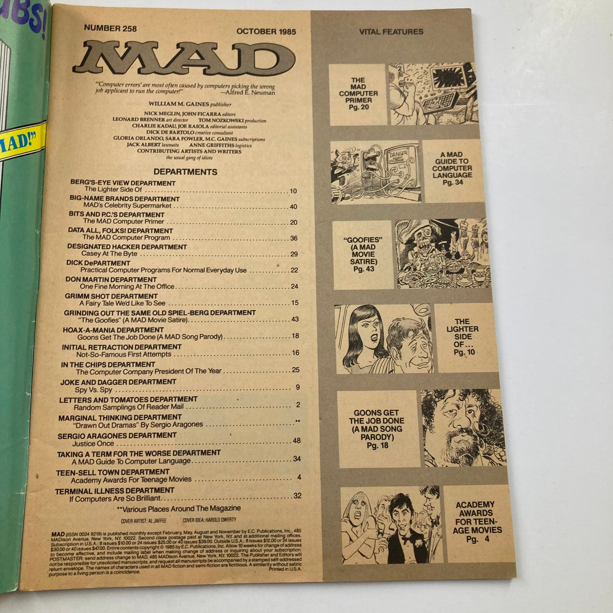Contents page of Mad Magazine October 1985 No. 258, listing features such as the Mad Computer Program and various satirical articles reflecting 80s pop culture.