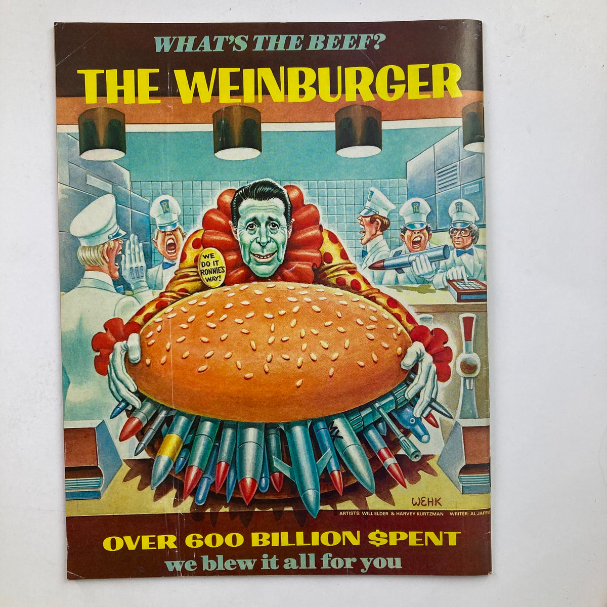 Back cover of a vintage magazine, featuring a satirical advertisement called 'The Weinburger' with political humor, related to the Mad Magazine October 1985 No. 258 theme.
