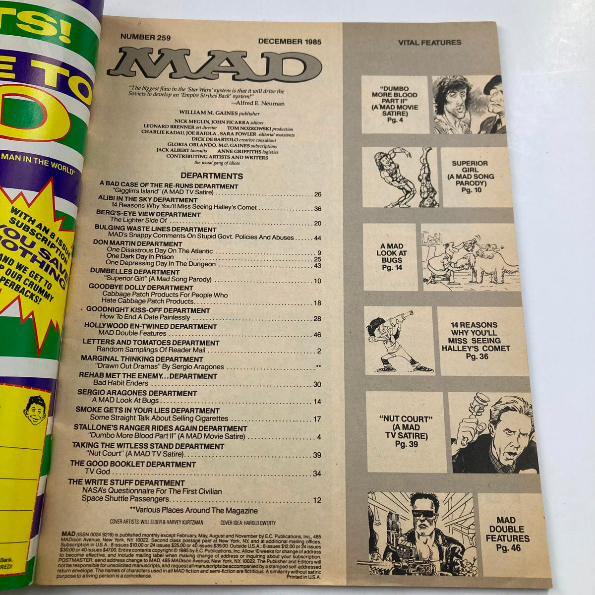 Mad Magazine December 1985 No. 259 page showcasing featured articles and departments including parodies and humor, representing pop culture and political satire of the 1980s.