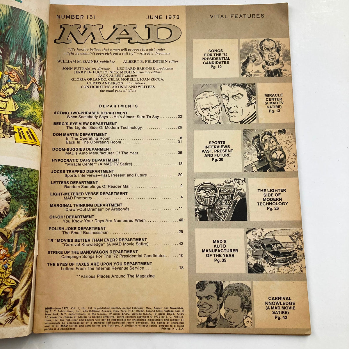 Interior page of Mad Magazine June 1972 No. 151 featuring table of contents and vital features such as 'Carnival Knowledge' and various satire departments.