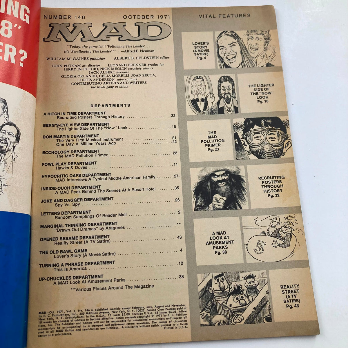 Table of contents for Mad Magazine, October 1971, No. 146, displaying various department titles and features such as 'Lover's Story', 'The Mad Pollution Primer', and more. The design reflects the aesthetic of the era.