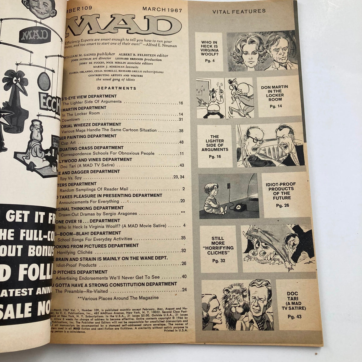 Interior page of Mad Magazine March 1967 No. 109 showcasing the table of contents with featured articles and illustrations.